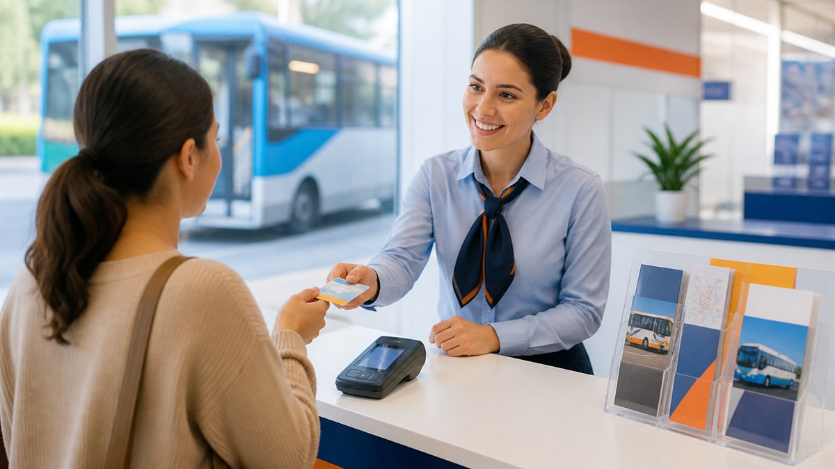 Passenger receiving a travel card at a public transport sales office
