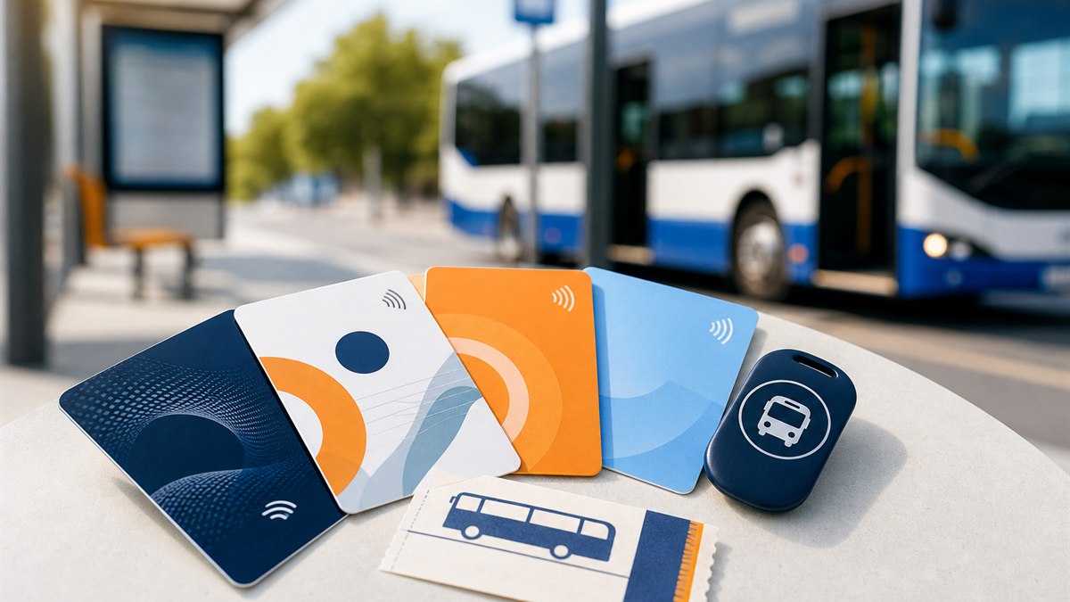 Different public transport smart cards and paper ticket at a bus stop
